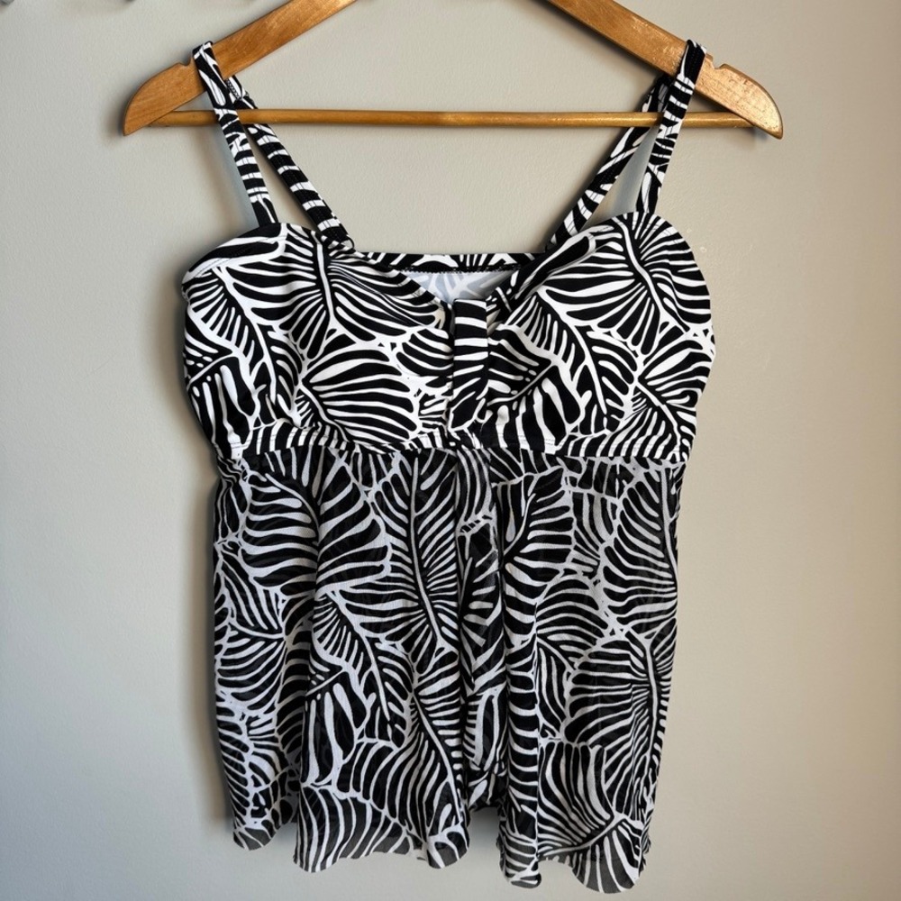 Krista‎ Women's Tankini Swim Top Black White Palm Leaf Mesh Overlay Padded XL